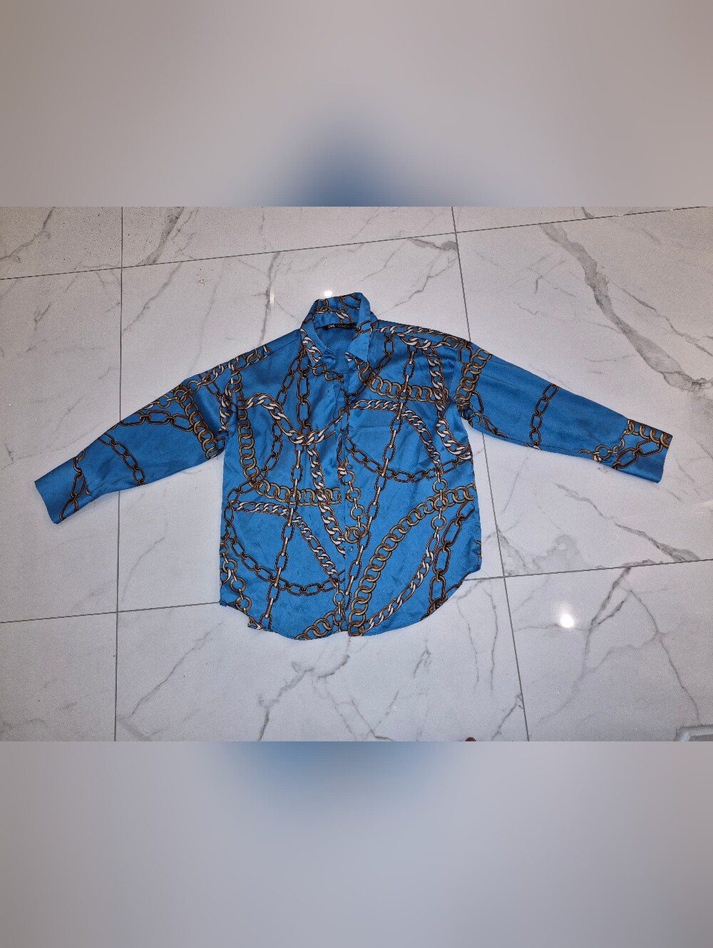 Zara Blue Chain-Print Button-Up Blouse